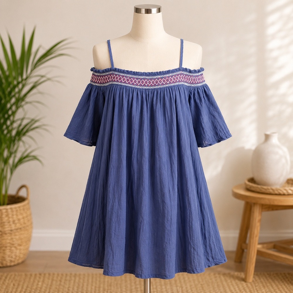 NWT Cupshe Off Shoulder Dress Womens M Blue Embroidered Bell‎ Sleeve Boho Mini
